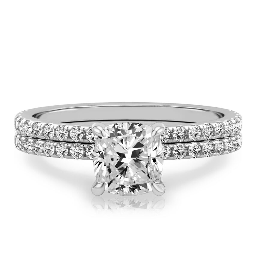 cushion cut diamond delicate pave hidden halo engagement ring set palladium