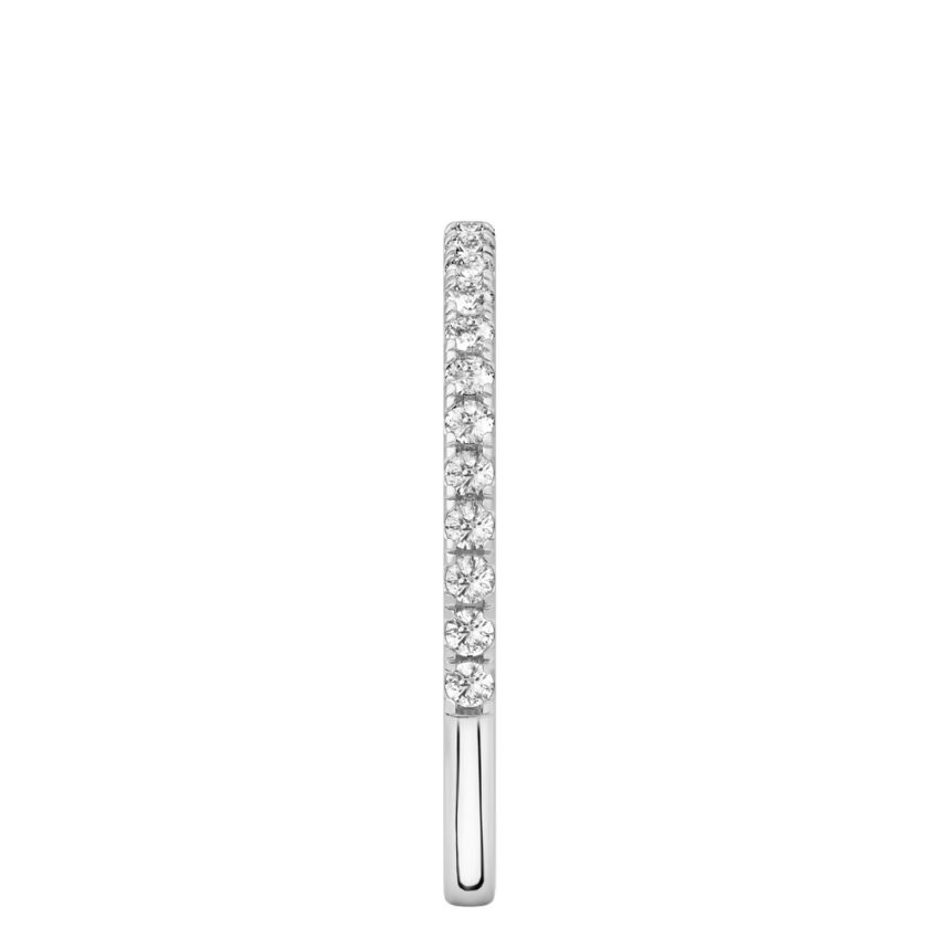 Side view of delicate pave diamond wedding band in palladium