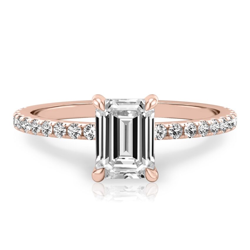 emerald cut diamond delicate pave engagement ring in rose gold