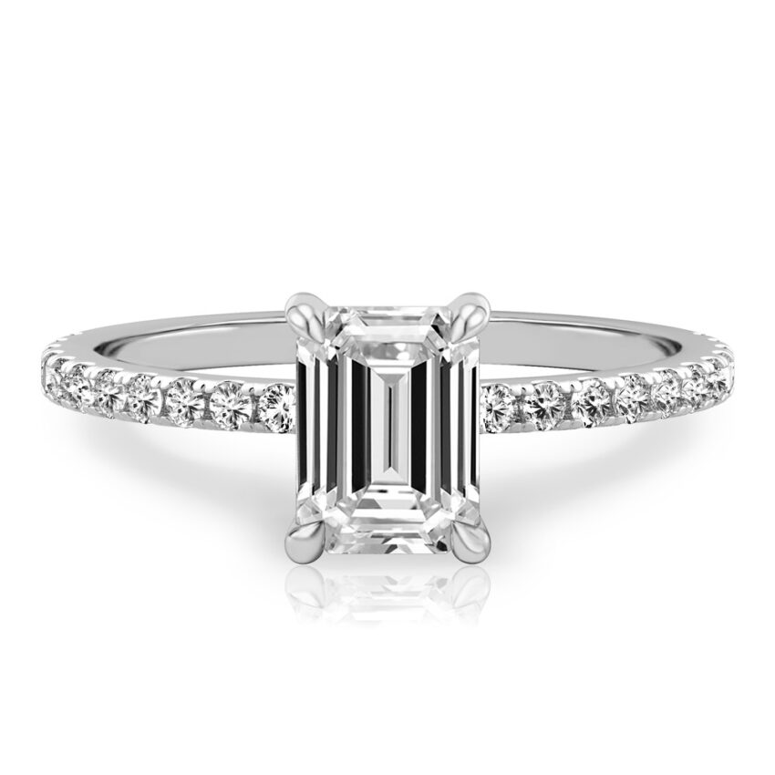 emerald cut diamond delicate pave engagement ring in white gold