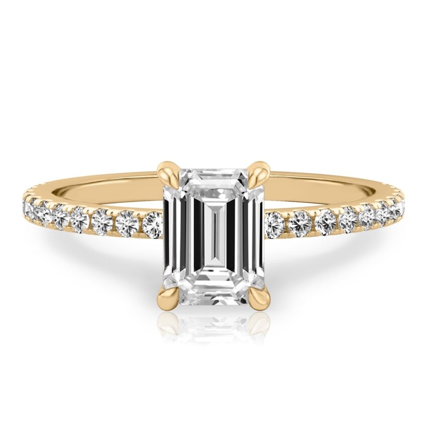emerald cut diamond delicate pave engagement ring in yellow gold