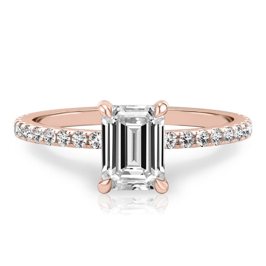 emerald cut diamond delicate pave hidden halo engagement ring in rose gold