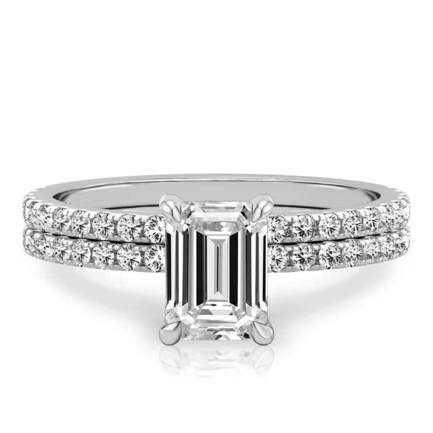 emerald cut diamond delicate pave hidden halo engagement ring set platinum
