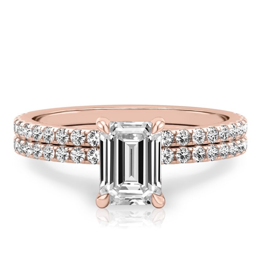 emerald cut diamond delicate pave hidden halo engagement ring set rose gold