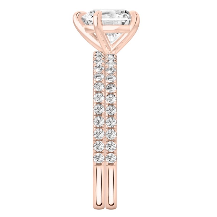 Side view of heart shape diamond delicate pave engagement ring set rose gold
