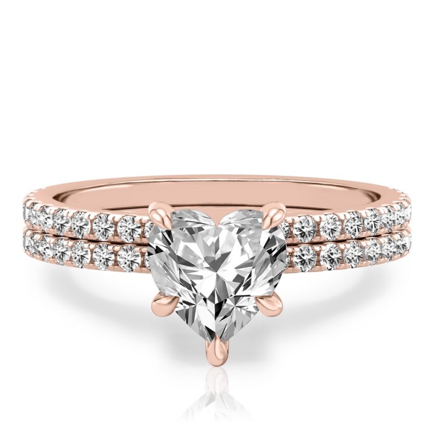 heart shape diamond delicate pave hidden halo engagement ring set rose gold