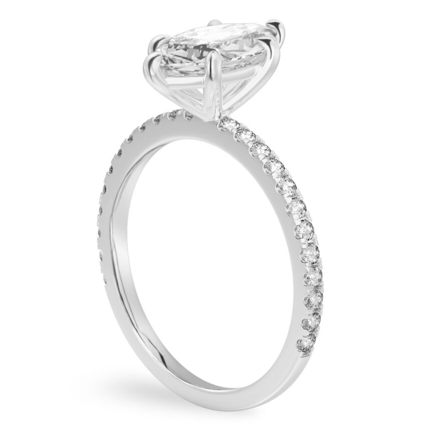 Angle view of marquise cut diamond delicate pave engagement ring in palladium