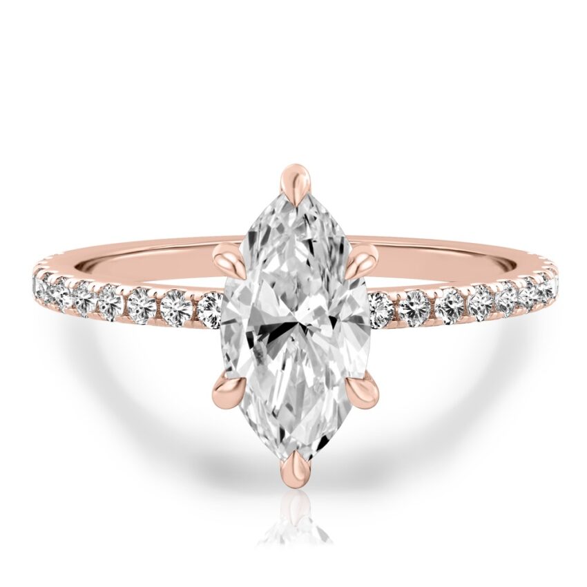 marquise cut diamond delicate pave hidden halo engagement ring in rose gold