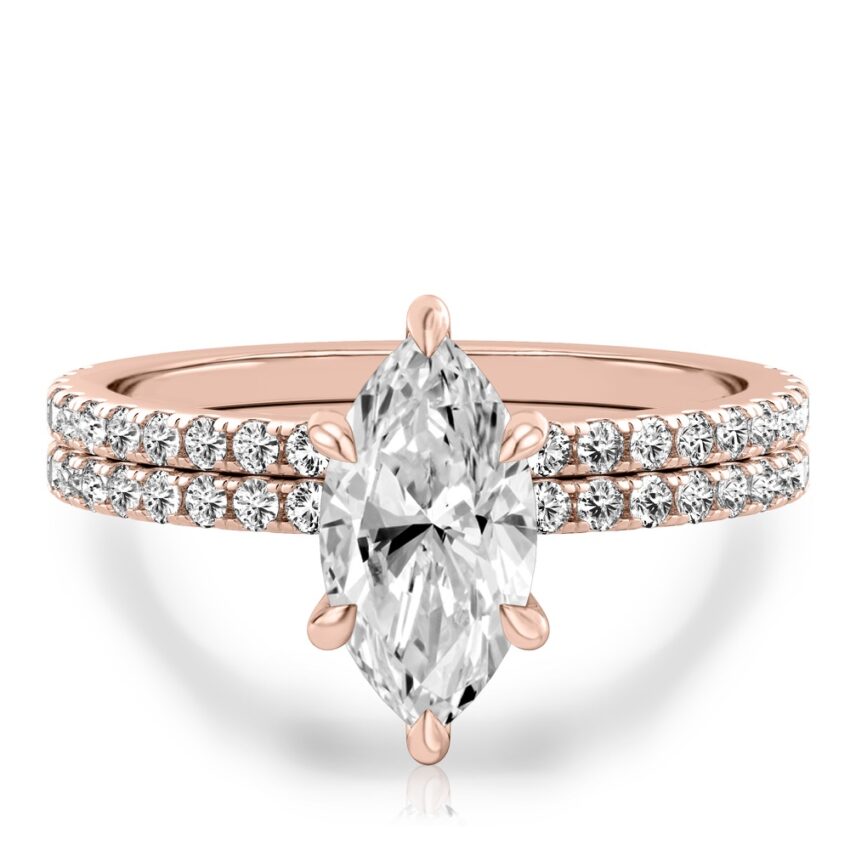 marquise cut diamond delicate pave hidden halo engagement ring set rose gold