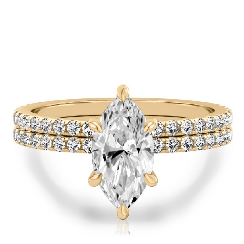 marquise cut diamond delicate pave hidden halo engagement ring set yellow gold