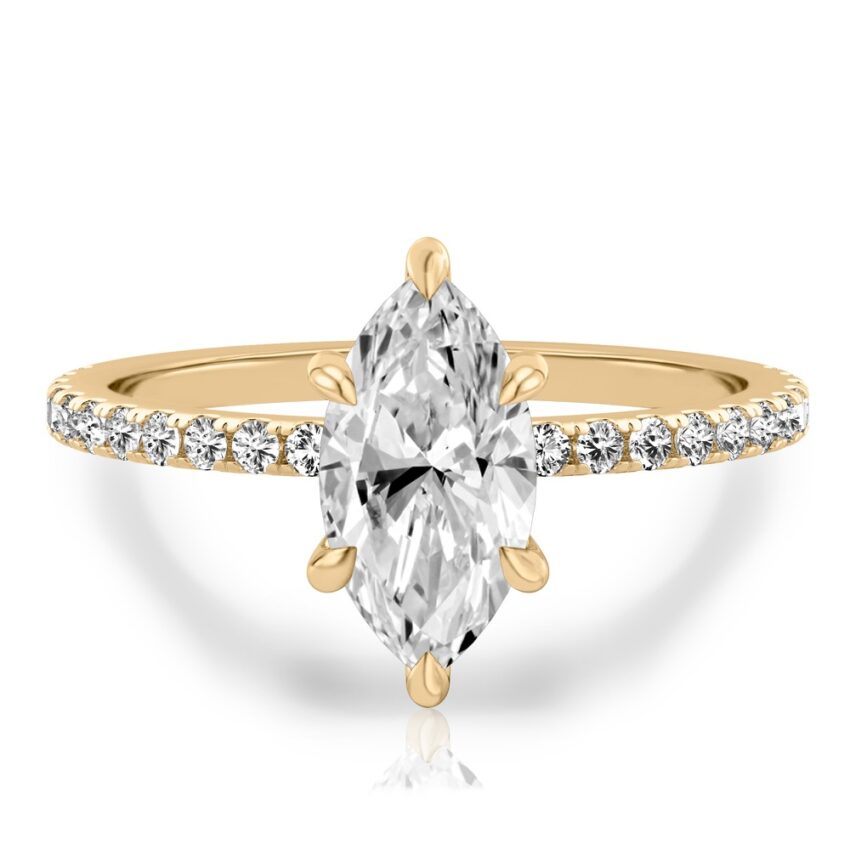 marquise cut diamond delicate pave hidden halo engagement ring in yellow gold