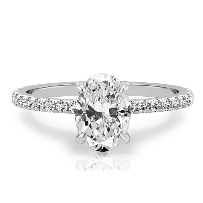 oval cut diamond delicate pave engagement ring in white gold