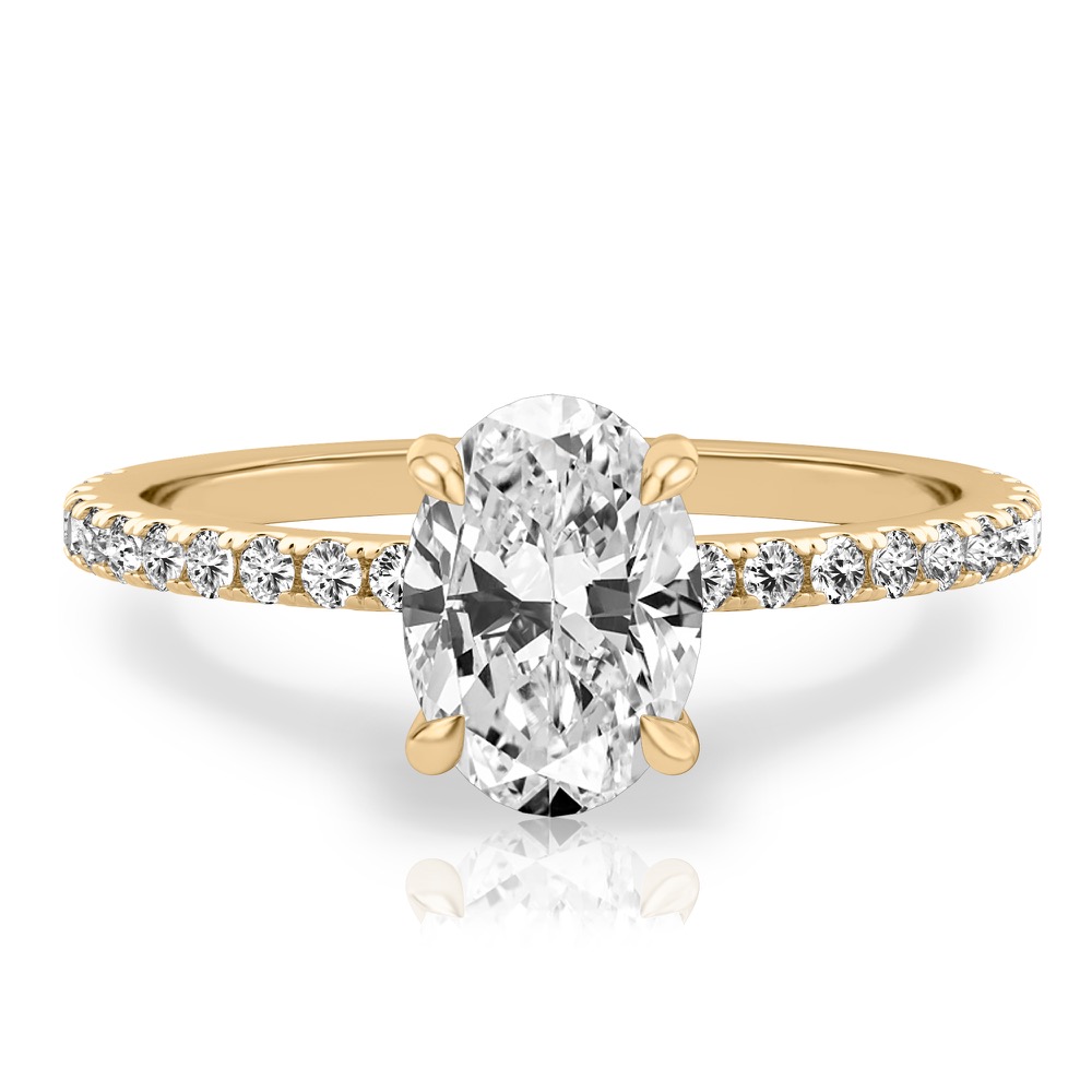 oval cut diamond delicate pave hidden halo engagement ring in yellow gold