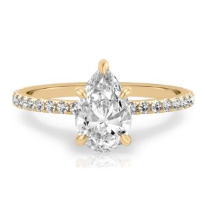 pear shape diamond delicate pave engagement ring in yellow gold