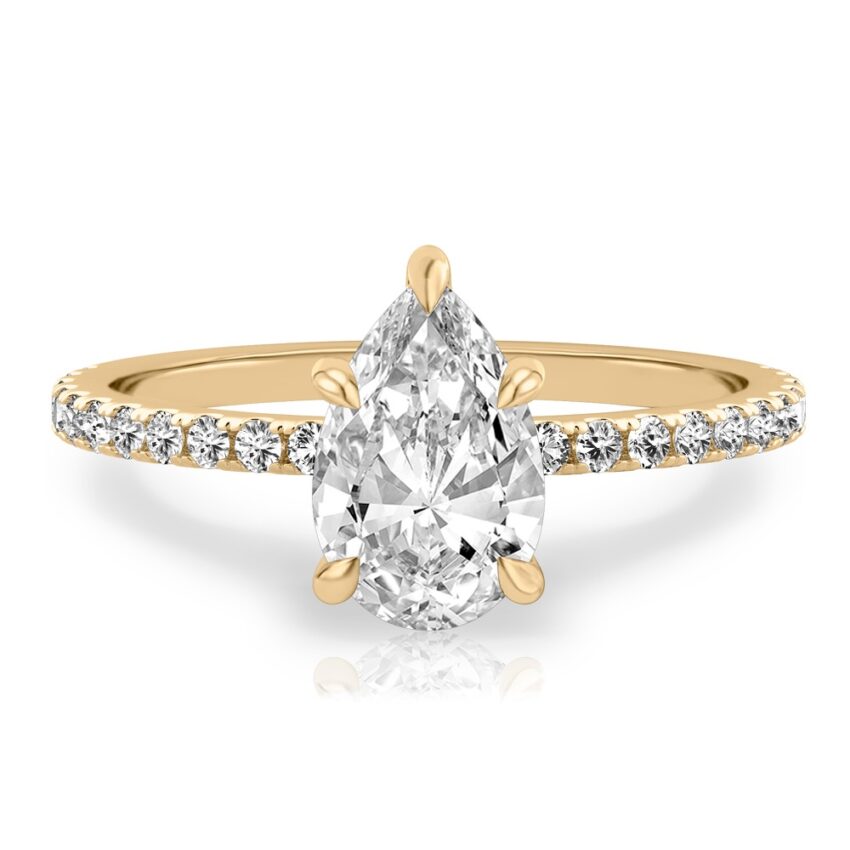 pear shape diamond delicate pave engagement ring in yellow gold