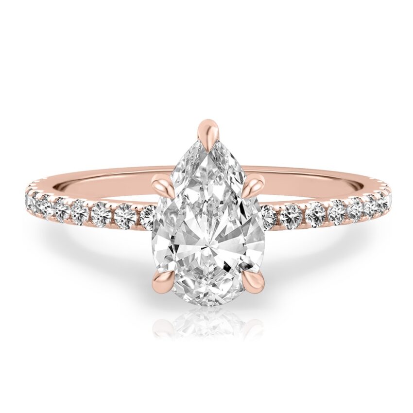 pear shape diamond delicate pave hidden halo engagement ring in rose gold