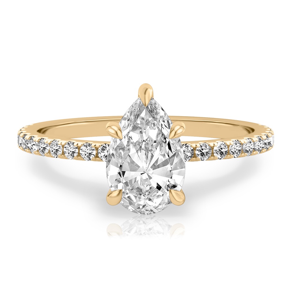 pear shape diamond delicate pave hidden halo engagement ring in yellow gold