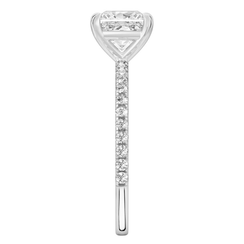 Side view of princess cut diamond delicate pave engagement ring in palladium