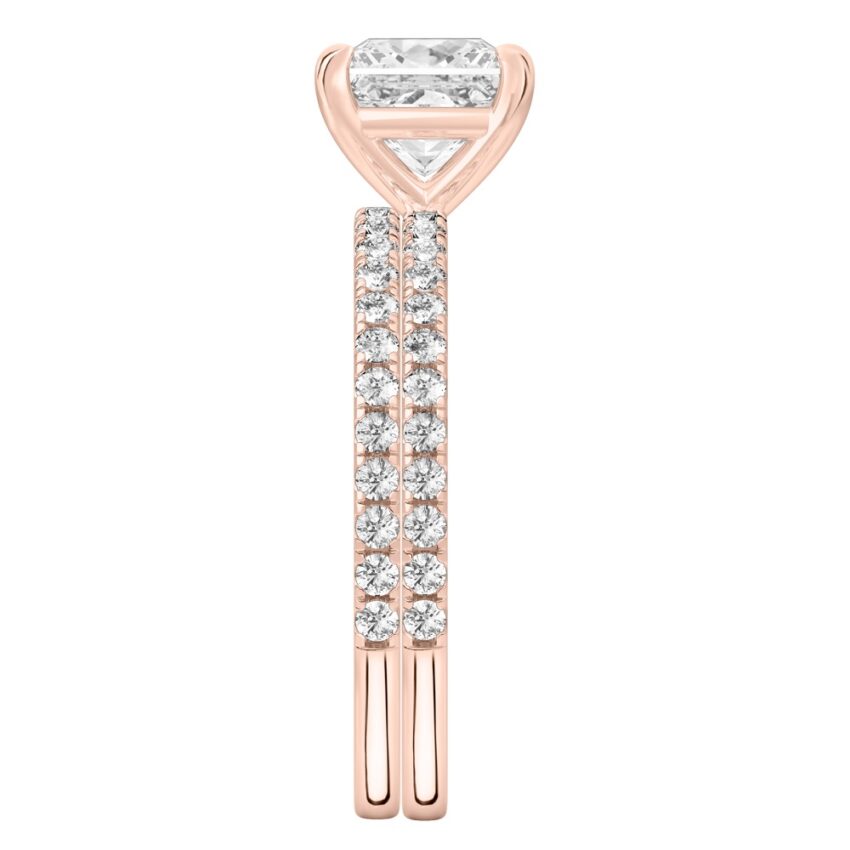 Side view of princess cut diamond delicate pave engagement ring set rose gold