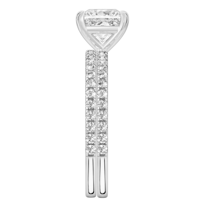Side view of princess cut diamond delicate pave engagement ring set white gold