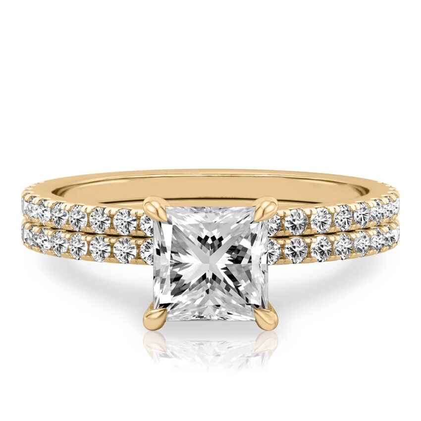 princess cut diamond delicate pave engagement ring set yellow gold