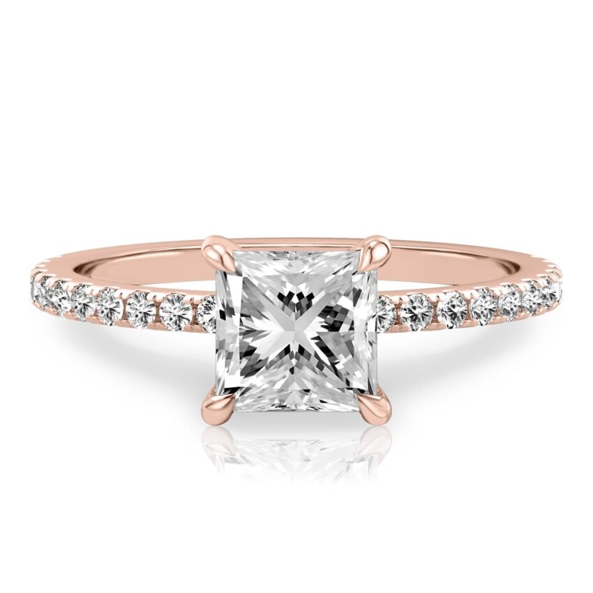 princess cut diamond delicate pave hidden halo engagement ring in rose gold