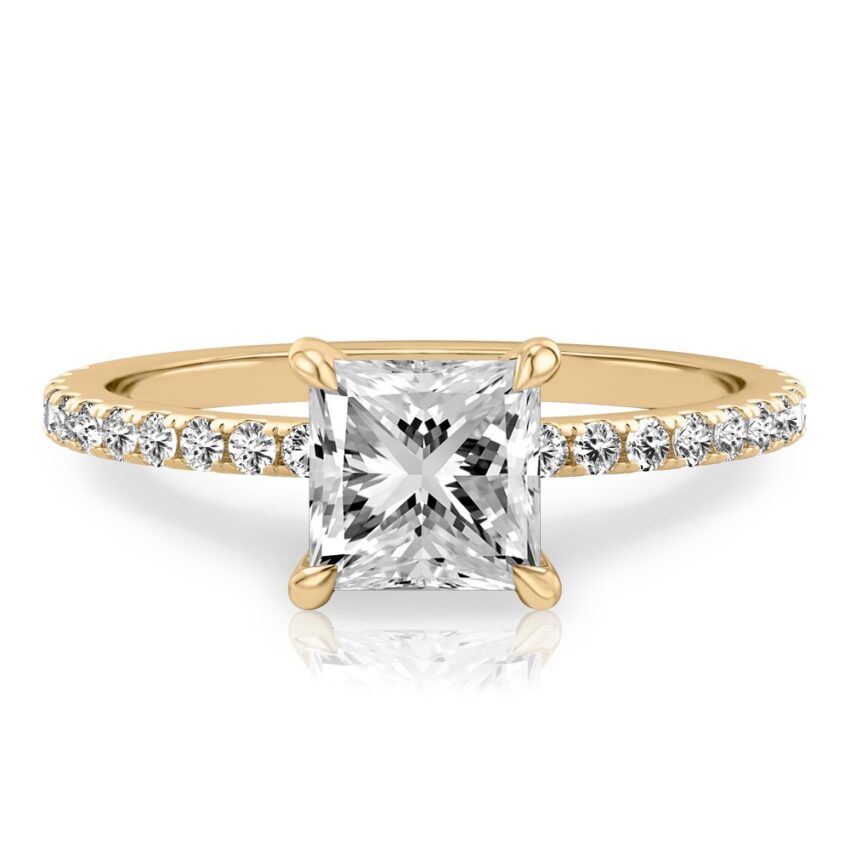 princess cut diamond delicate pave hidden halo engagement ring in yellow gold