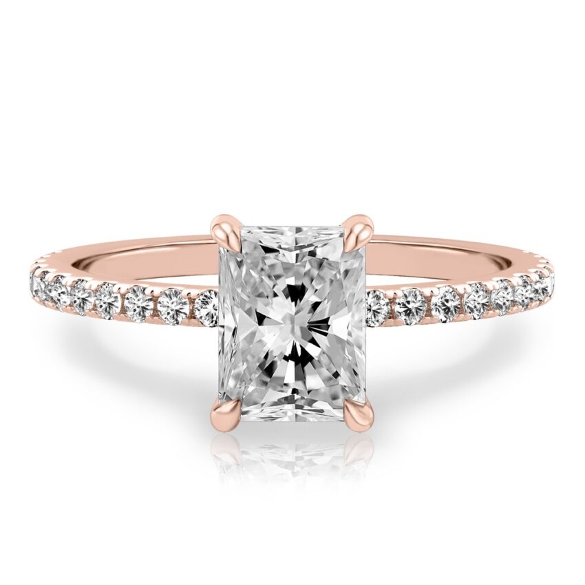 radiant cut diamond delicate pave engagement ring in rose gold