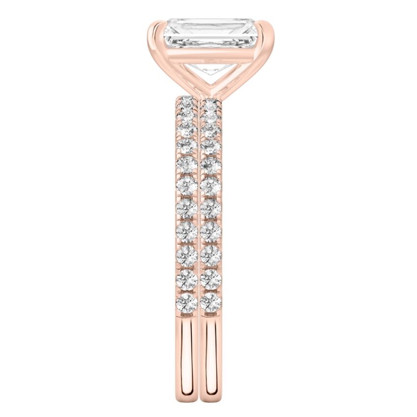 Side view of radiant cut diamond delicate pave engagement ring set rose gold