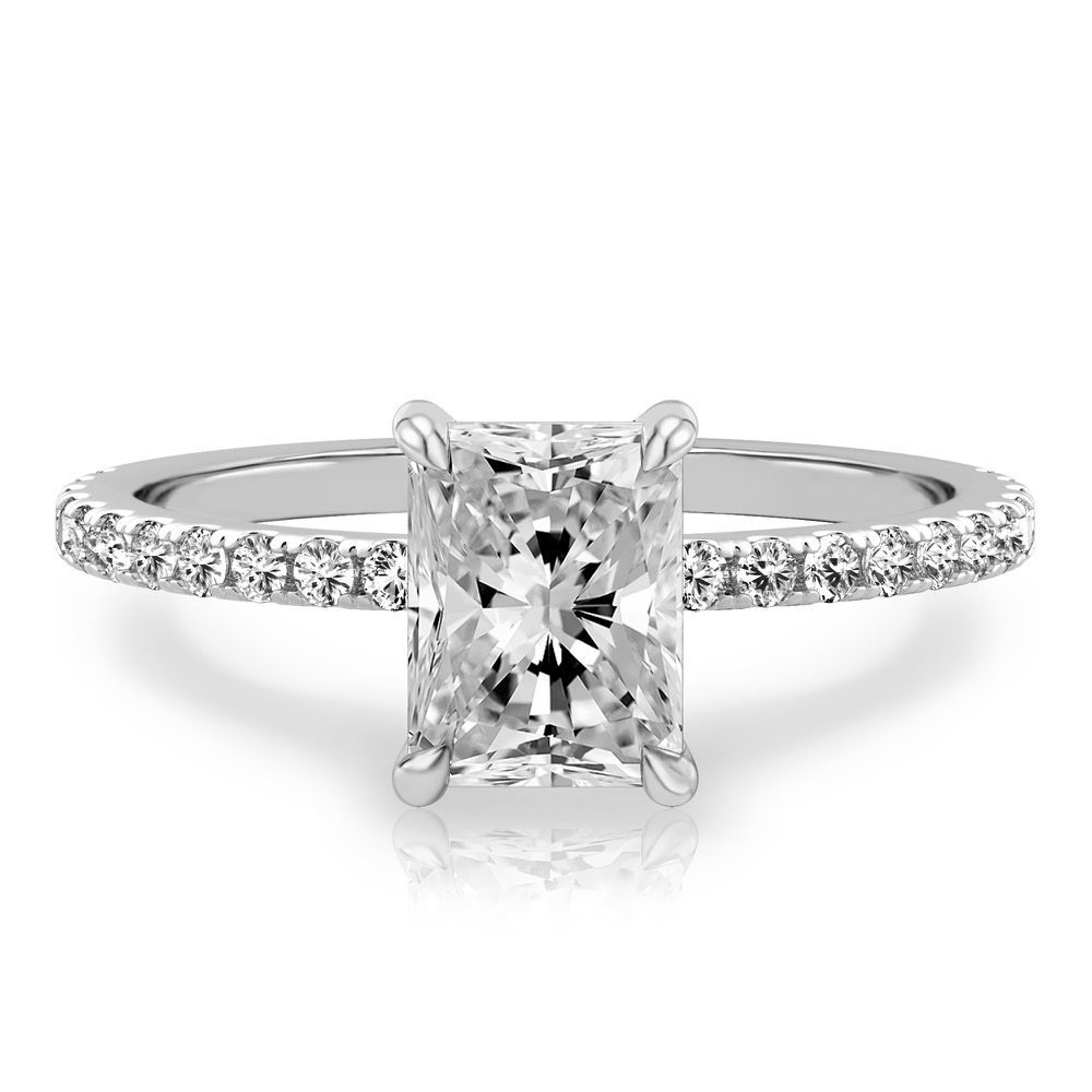 radiant cut diamond delicate pave hidden halo engagement ring in palladium