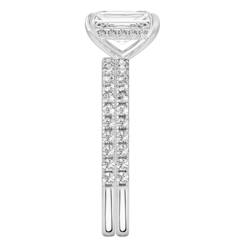 Side view of radiant cut diamond delicate pave hidden halo engagement ring set platinum