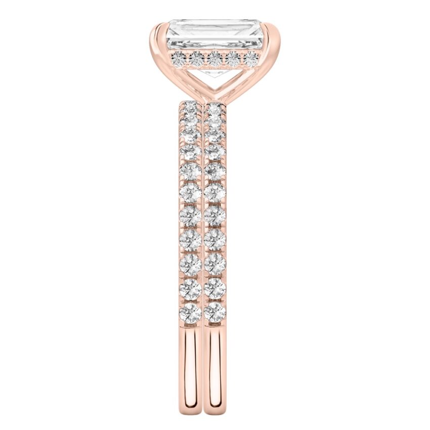 Side view of radiant cut diamond delicate pave hidden halo engagement ring set rose gold