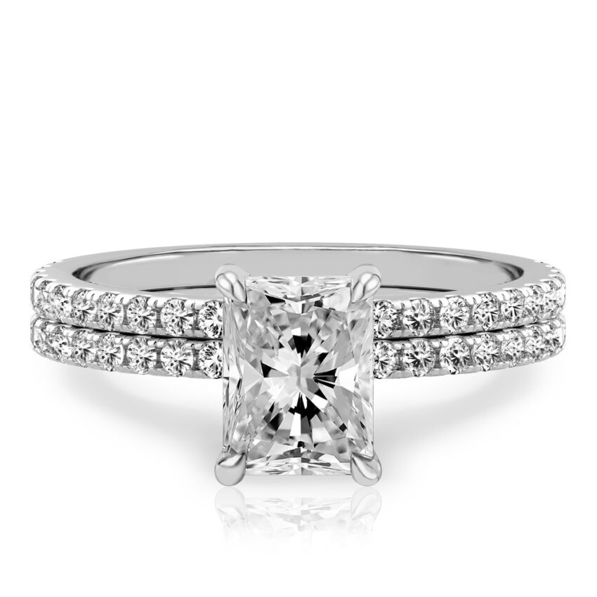 radiant cut diamond delicate pave hidden halo engagement ring set white gold