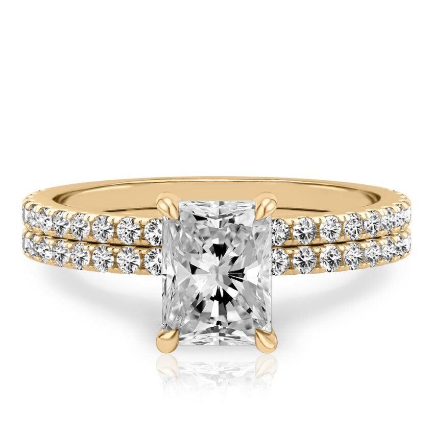 radiant cut diamond delicate pave hidden halo engagement ring set yellow gold