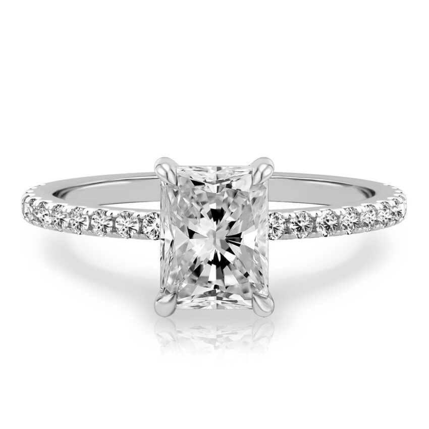 radiant cut diamond delicate pave hidden halo engagement ring in white gold