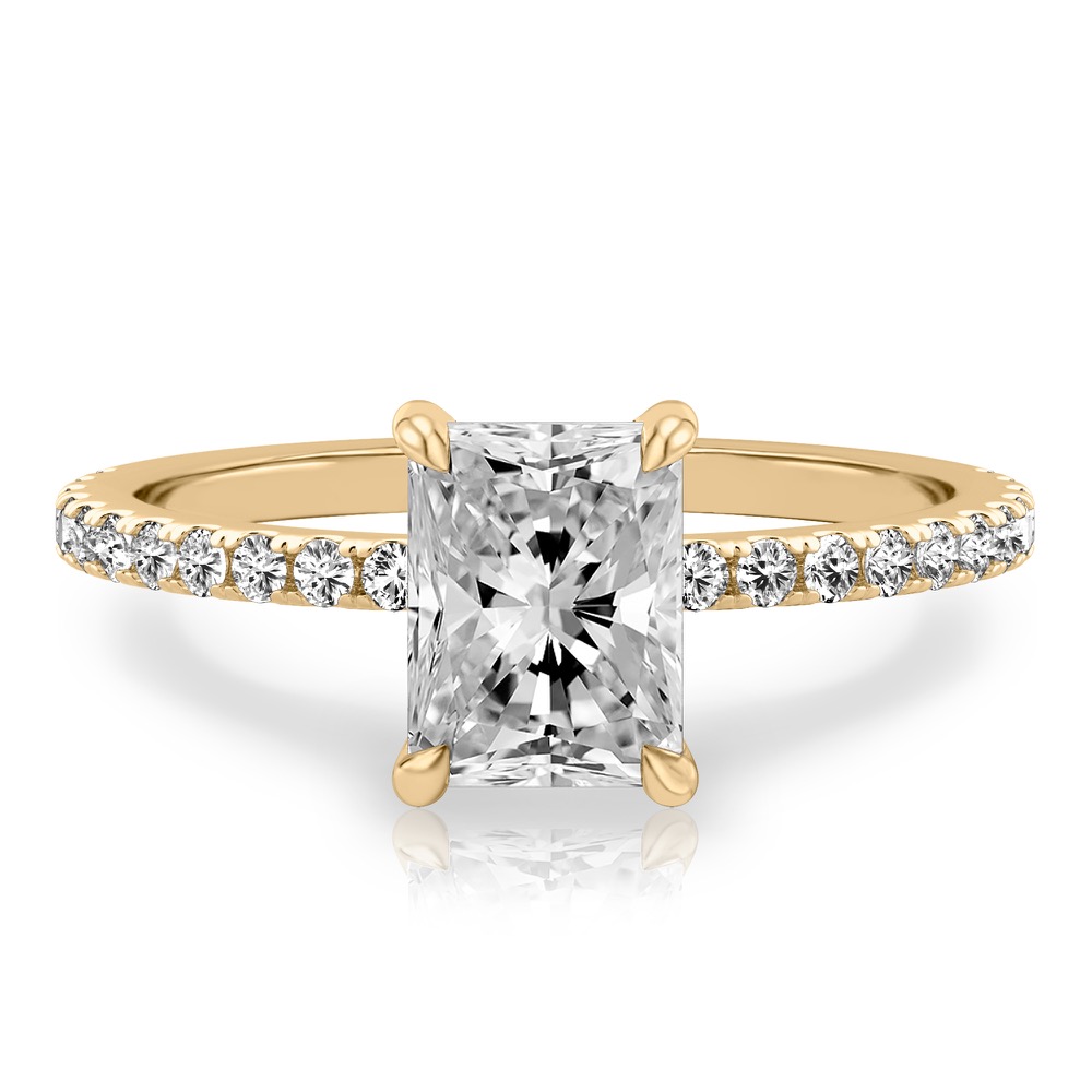 radiant cut diamond delicate pave hidden halo engagement ring in yellow gold