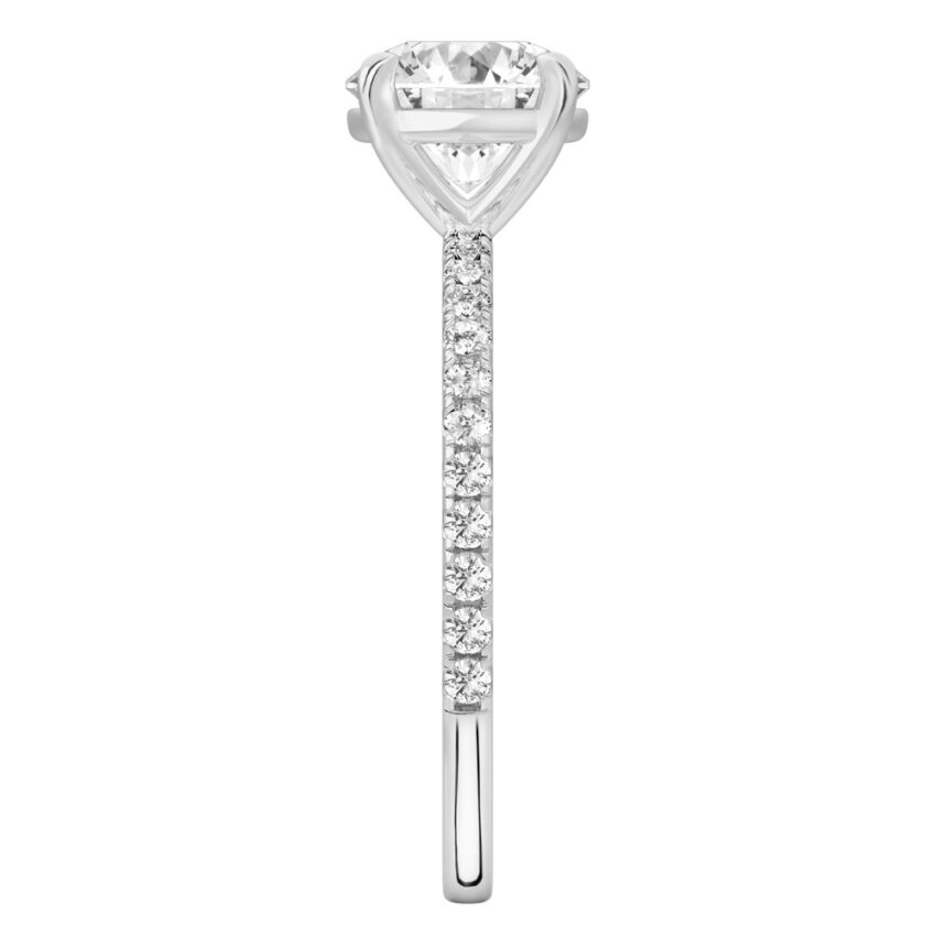 Side view of round cut diamond delicate pave engagement ring in white gold