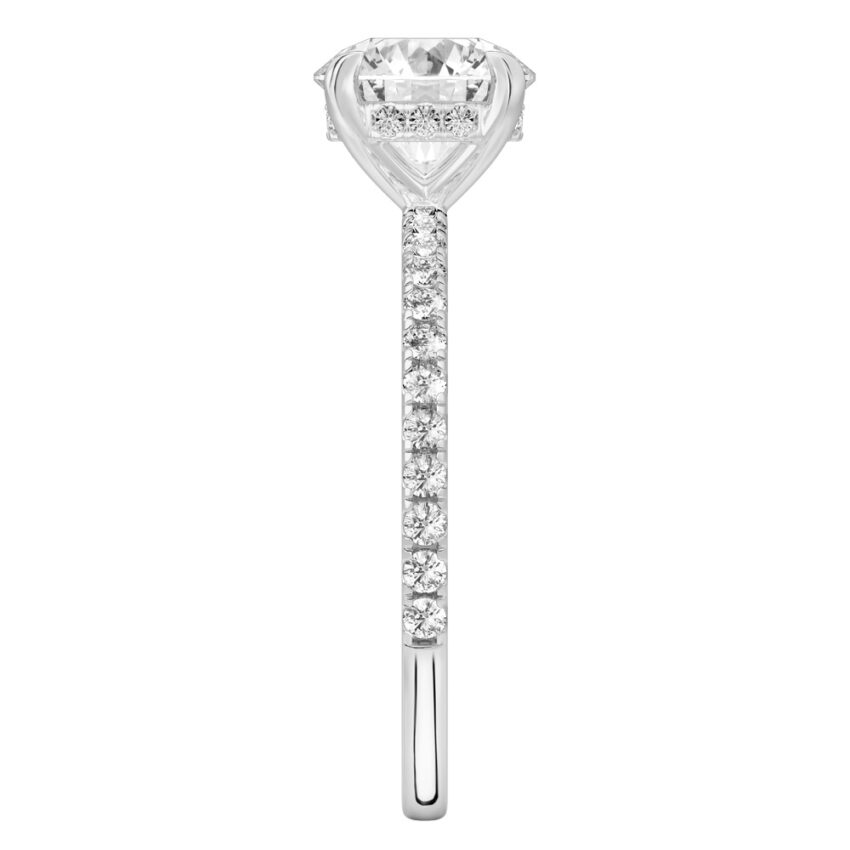 Side view of round cut diamond delicate pave hidden halo engagement ring in platinum
