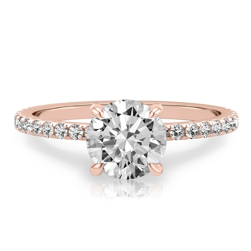 round cut diamond delicate pave hidden halo engagement ring in rose gold