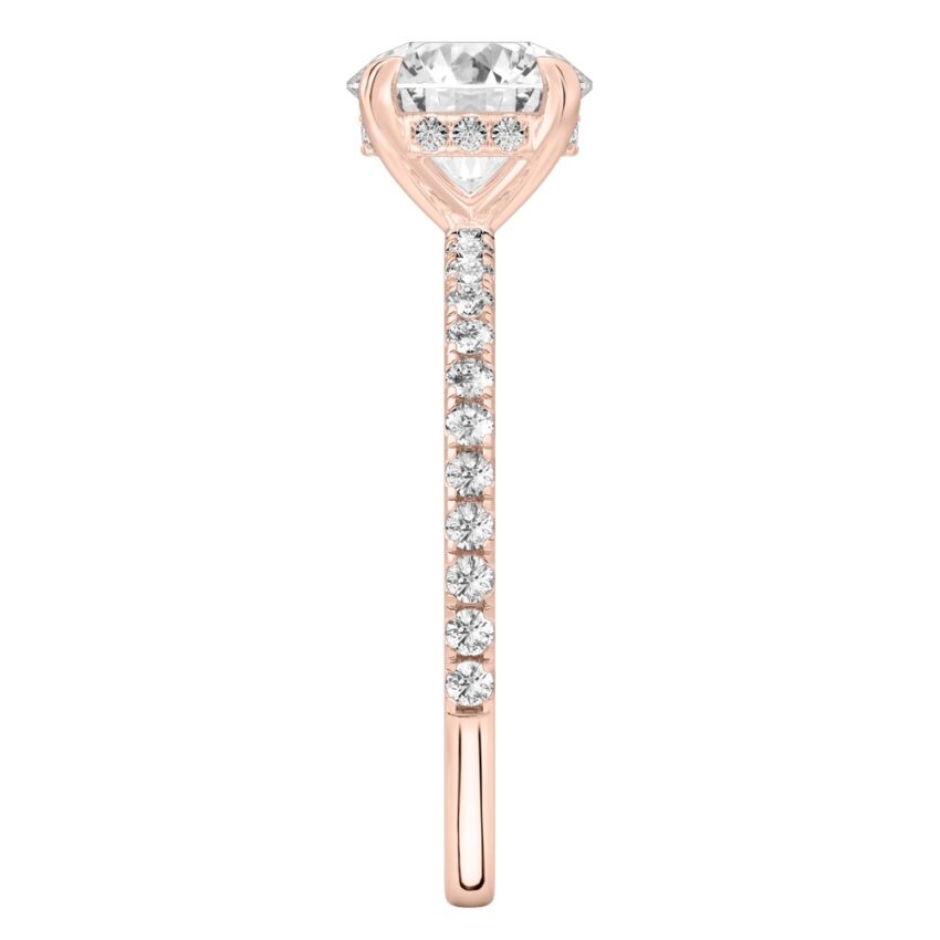 Side view of round cut diamond delicate pave hidden halo engagement ring in rose gold