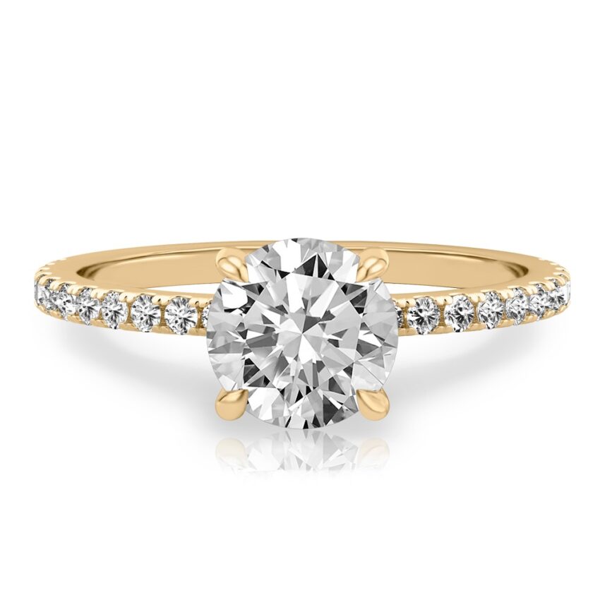 round cut diamond delicate pave hidden halo engagement ring in yellow gold