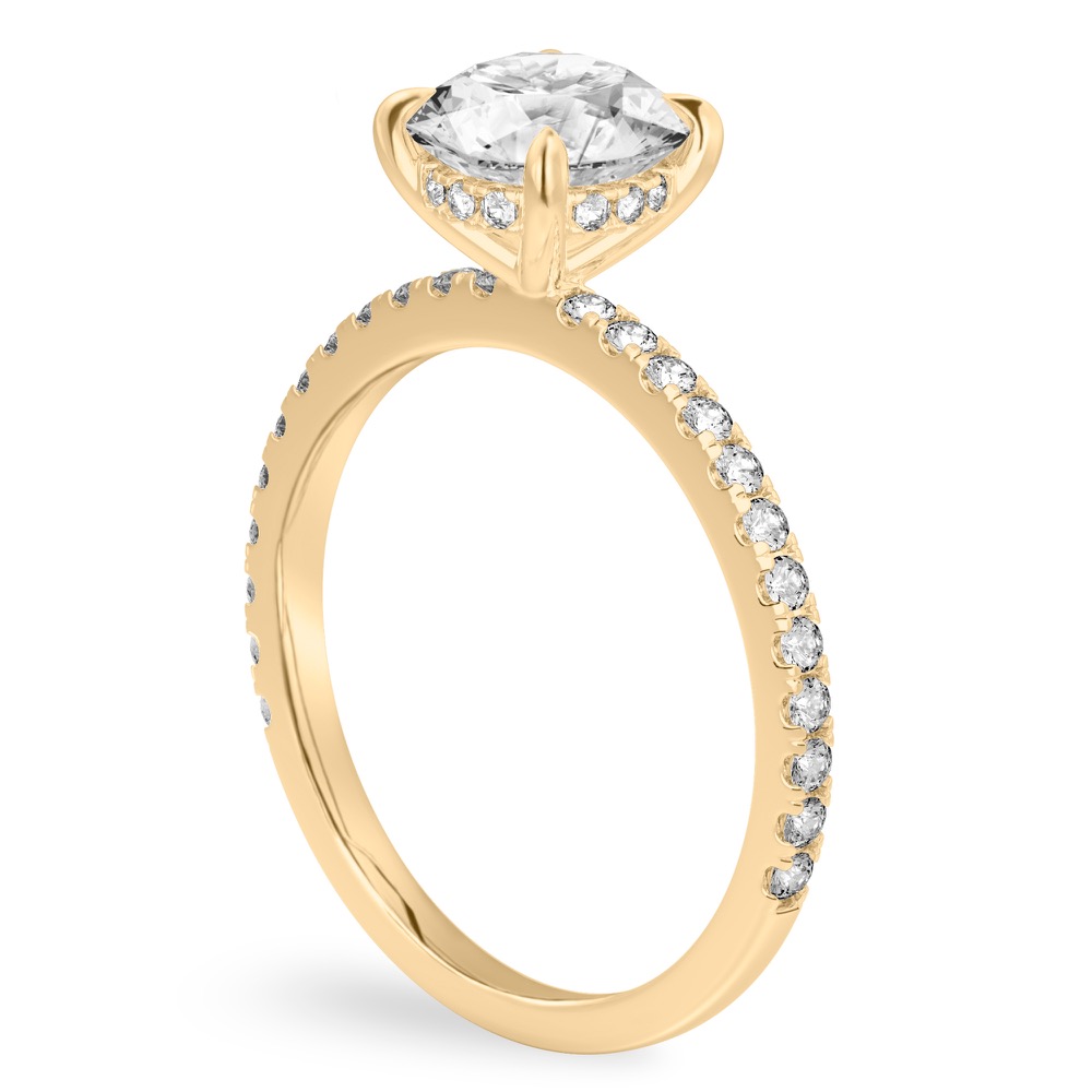 Angle view of round cut diamond delicate pave hidden halo engagement ring in yellow gold
