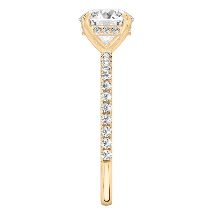 Side view of round cut diamond delicate pave hidden halo engagement ring in yellow gold