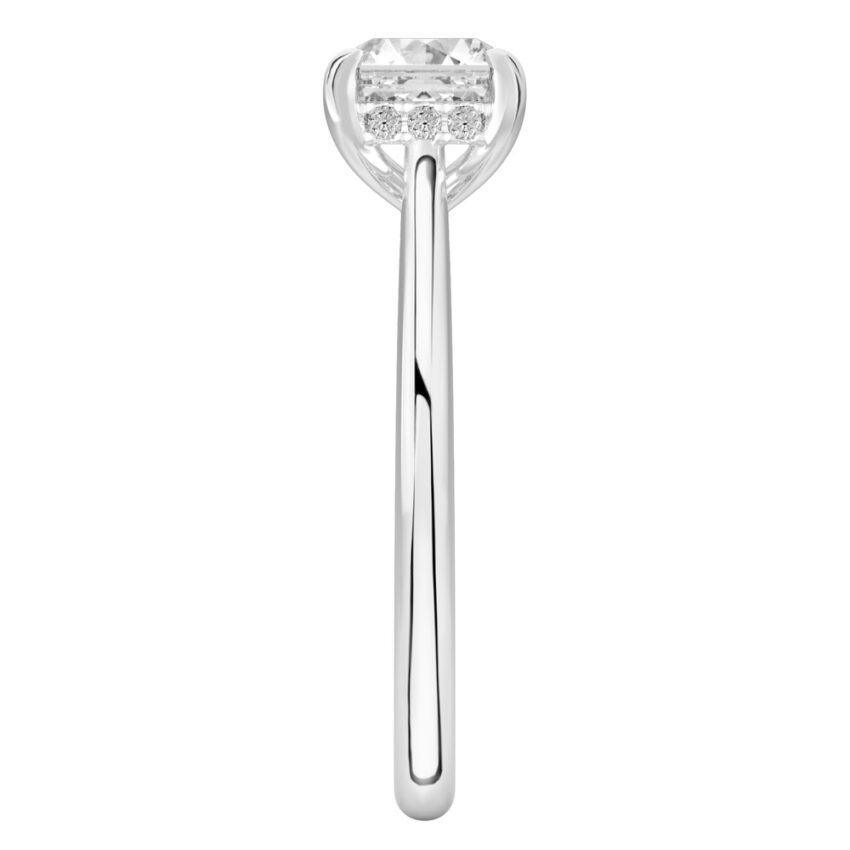 Side view of asscher cut diamond pave bridge engagement ring in platinum