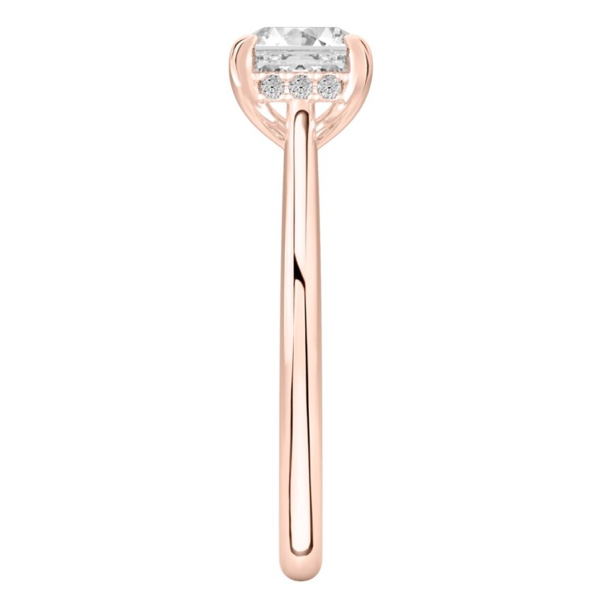 Side view of asscher cut diamond pave bridge engagement ring in rose gold