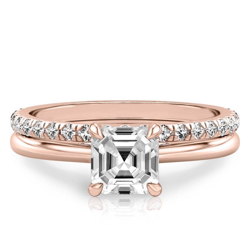 asscher cut diamond pave bridge engagement ring set rose gold