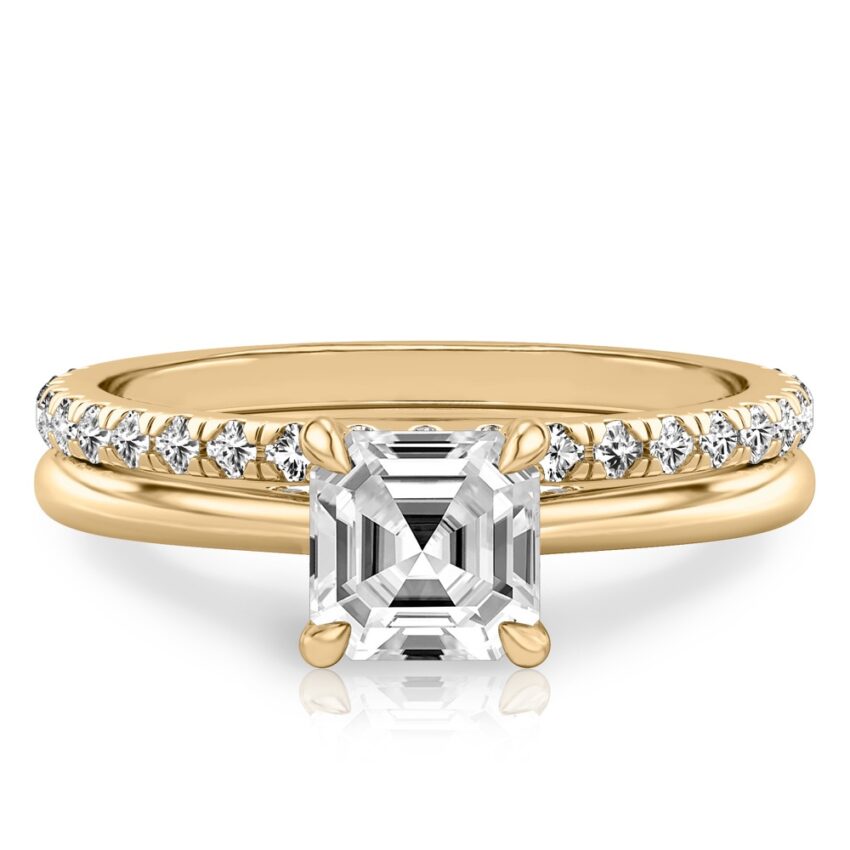 asscher cut diamond pave bridge engagement ring set yellow gold