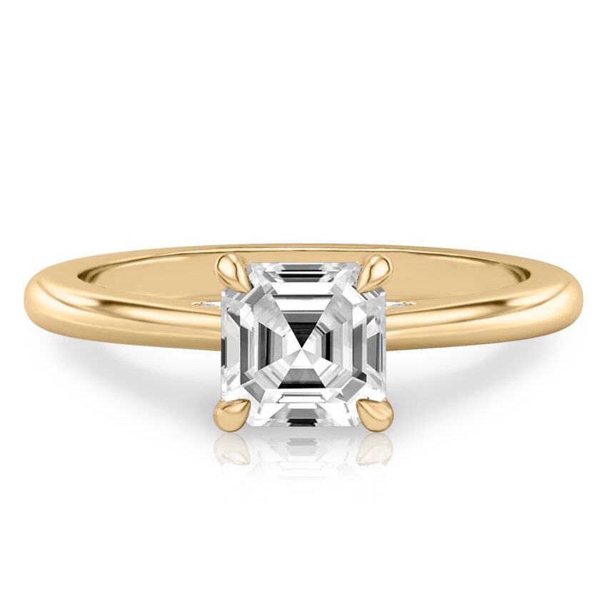 asscher cut diamond pave bridge engagement ring in yellow gold