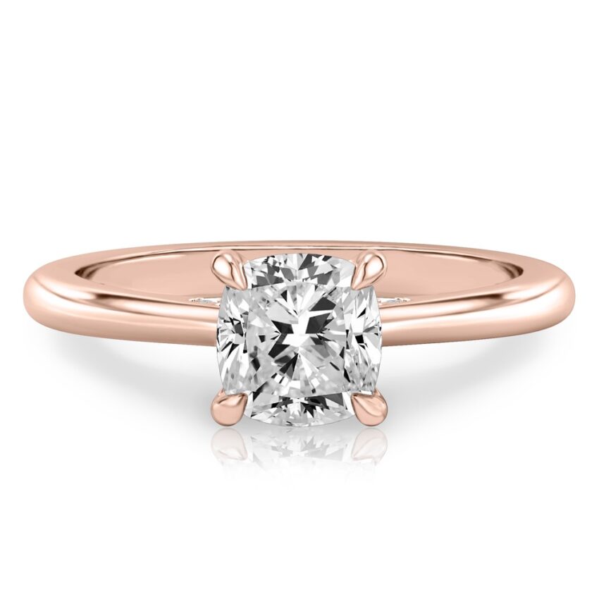 cushion cut diamond pave bridge engagement ring in rose gold