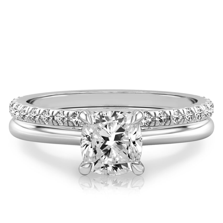cushion cut diamond pave bridge engagement ring set platinum